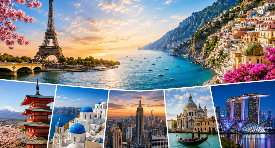 Cover image of the 100 Most Beautiful Cities in the World (2026) featuring iconic landmarks including the Eiffel Tower in Paris, Santorini, New York City skyline, Venice, Singapore, Mount Fuji, and the Amalfi Coast, representing the world's most stunning travel destinations.