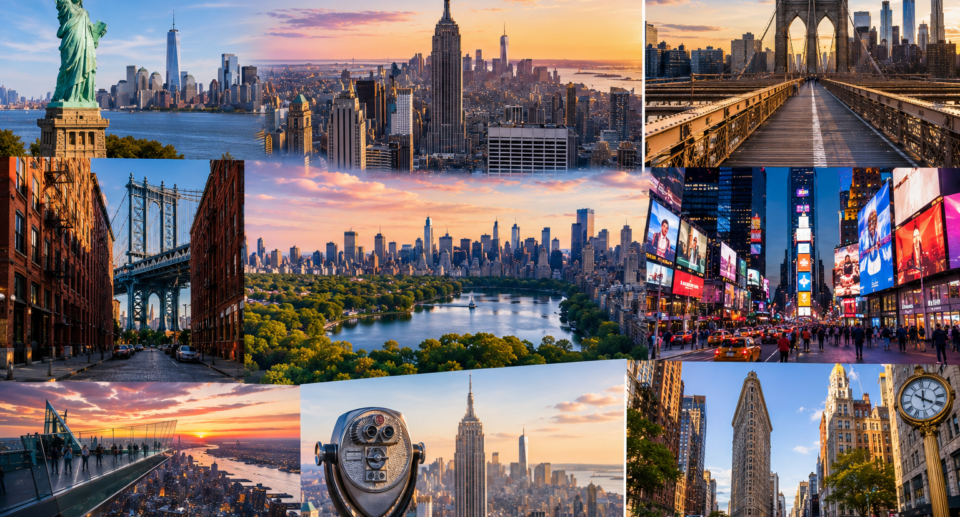**Alt Text:** Panoramic collage of New York City featuring the Statue of Liberty, Empire State Building, Brooklyn Bridge, Central Park, Times Square, DUMBO, The Edge observation deck, Flatiron Building, and the Manhattan skyline at sunrise and sunset.