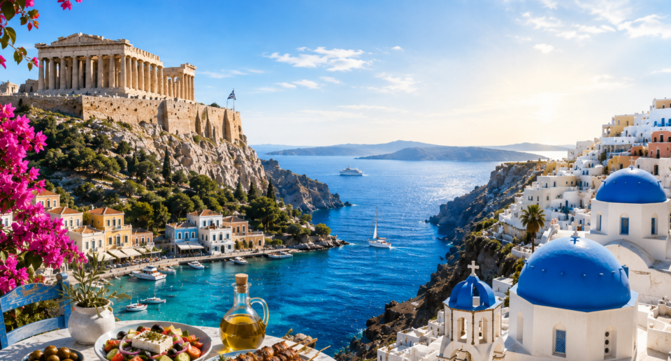 **Alt Text:** Panoramic Greece travel guide cover featuring the Acropolis in Athens, Santorini's iconic blue-domed churches, turquoise Aegean Sea, traditional Greek cuisine, and the centered title "Greece Travel Guide 2026" with the subtitle "Everything You Need to Know Before You Go."