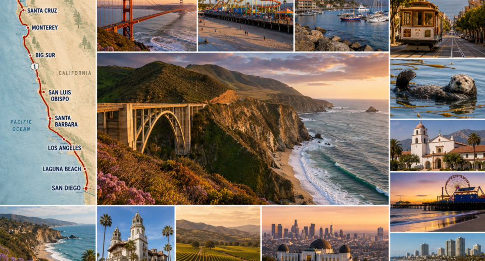 **Alt Text:** Panoramic collage of California's Pacific Coast Highway featuring the Golden Gate Bridge, Big Sur's Bixby Bridge, rugged coastal cliffs, Santa Cruz Beach Boardwalk, Monterey Bay, San Francisco cable car, sea otter, Santa Barbara Mission, vineyards, Griffith Observatory, Santa Monica Pier, and San Diego coastline.