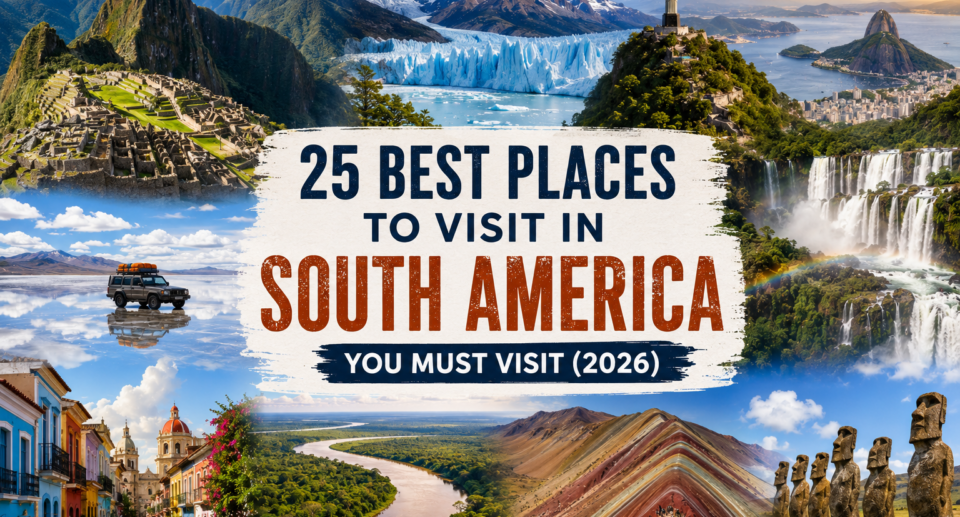 **Alt Text:** Panoramic collage of South America's most iconic destinations featuring Machu Picchu, Patagonia's glaciers and mountains, Christ the Redeemer overlooking Rio de Janeiro, Iguazu Falls, Salar de Uyuni, the Amazon Rainforest, colorful colonial streets, Rainbow Mountain in Peru, and Easter Island Moai statues under bright blue skies.