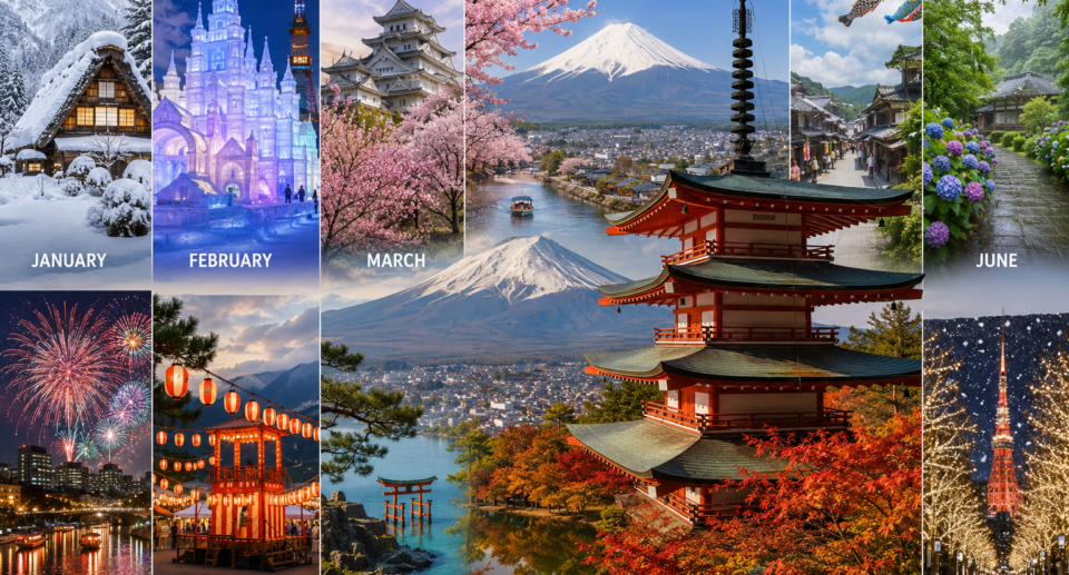 **Alt Text:** Scenic collage of Japan through the seasons featuring Mount Fuji, cherry blossoms, traditional temples and pagodas, snowy villages, vibrant autumn foliage, summer festivals, fireworks, hydrangea gardens, and illuminated city streets, showcasing Japan's year-round travel experiences.