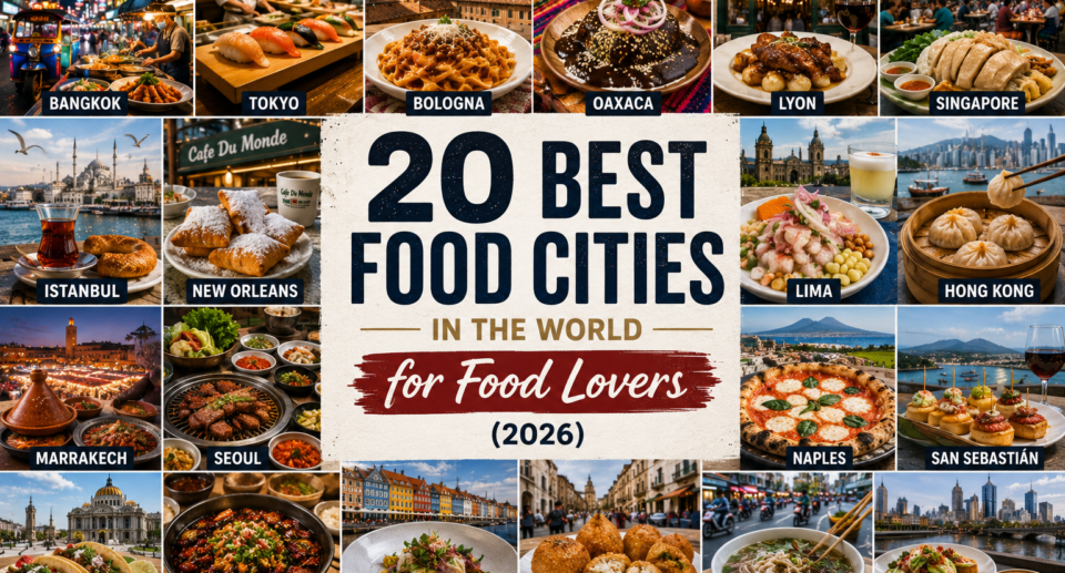 **Alt Text:** Collage of iconic global food destinations featuring vibrant street food, fine dining, local markets, and signature dishes from Bangkok, Tokyo, Bologna, Oaxaca, Lyon, Singapore, Istanbul, New Orleans, Lima, Hong Kong, Marrakech, Seoul, Naples, San Sebastián, Mexico City, Chengdu, Copenhagen, Palermo, Ho Chi Minh City, and Melbourne.