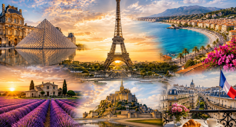 France travel guide featuring the Eiffel Tower, Louvre Museum, Provence lavender fields, the French Riviera, and Mont Saint-Michel