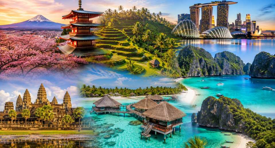 Best places to visit in Asia featuring Mount Fuji, Bali rice terraces, Singapore skyline, Angkor Wat, Maldives overwater villas, and Phi Phi Islands