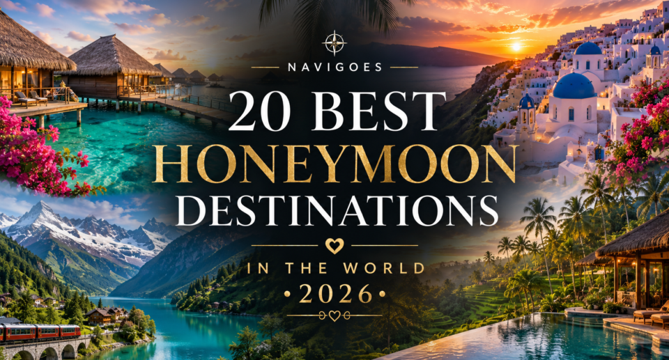 Collage of the world's best honeymoon destinations featuring Maldives overwater villas, Santorini, the Swiss Alps, Bali rice terraces, and a luxury tropical resort