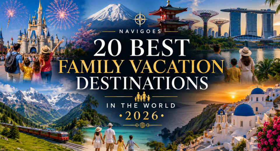 Collage of family vacation destinations featuring Orlando theme parks, Mount Fuji, Singapore skyline, the Swiss Alps, and Santorini with families enjoying travel