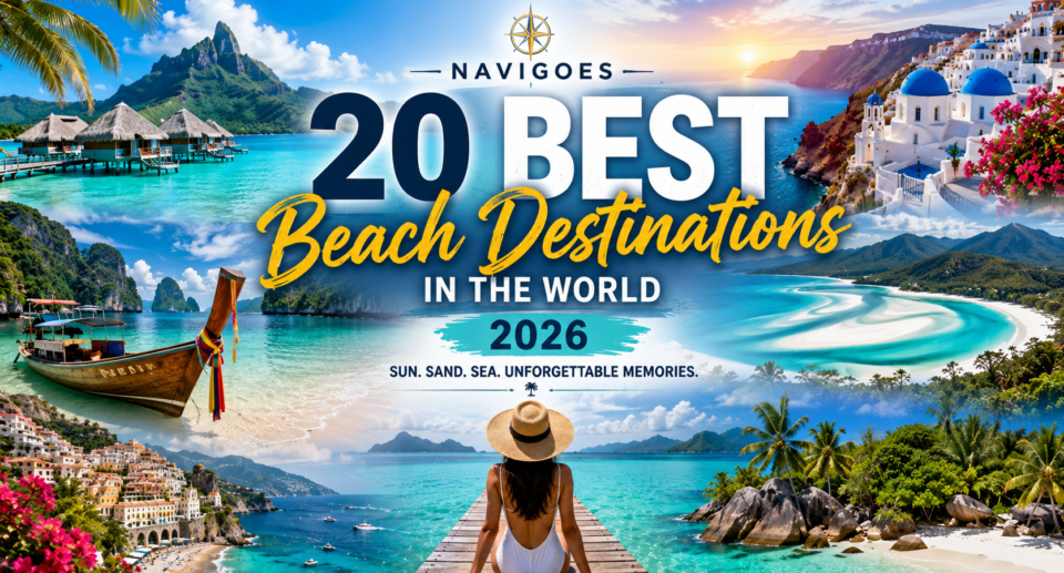 Collage of the world's best beach destinations featuring Maldives overwater villas, Bora Bora lagoon, Santorini cliffs, Phuket long-tail boats, Whitehaven Beach, and the Amalfi Coast