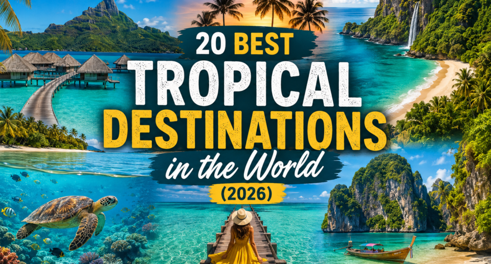 Collage of tropical destinations featuring Bora Bora overwater villas, lush Hawaiian waterfalls, turquoise lagoons, coral reefs with sea turtles, limestone islands, and tropical beaches