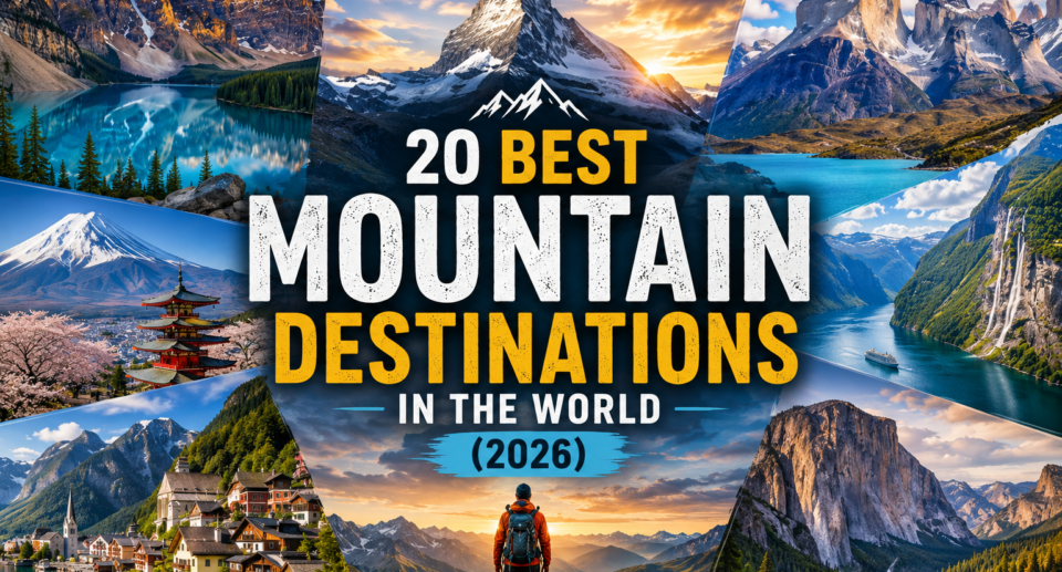 Collage of the world's best mountain destinations featuring the Matterhorn in Switzerland, Moraine Lake in Canada, Mount Fuji in Japan, Norwegian fjords, Patagonia peaks, Hallstatt, and a hiker overlooking alpine landscapes