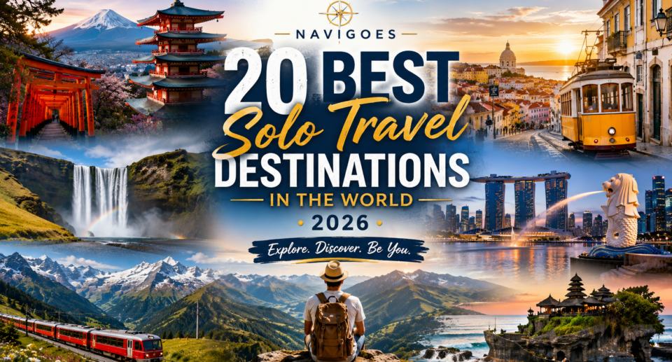 Collage of solo travel destinations featuring Kyoto, Lisbon, Singapore skyline, Iceland waterfall, the Swiss Alps, and a solo traveler overlooking scenic landscapes