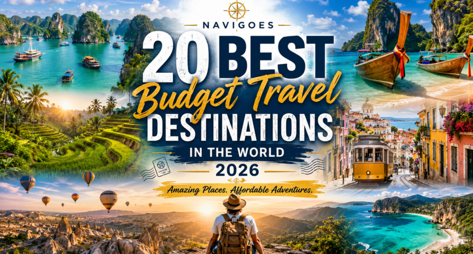 Collage of budget travel destinations featuring Ha Long Bay in Vietnam, Bali rice terraces, Thailand's long-tail boats, Lisbon's historic tram, Cappadocia hot air balloons, and a backpack traveler