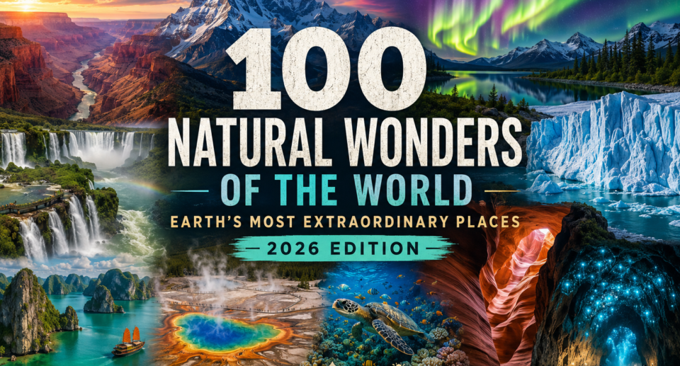 Cinematic collage showcasing the world's greatest natural wonders, including the Grand Canyon, snow-capped mountains, the Northern Lights, Iguazú Falls, Ha Long Bay, Yellowstone National Park, the Great Barrier Reef, glaciers, glowing caves, and a sea turtle, representing the 100 Natural Wonders of the World (2026).