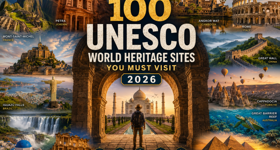 100 UNESCO World Heritage Sites You Must Visit 2026 featuring the Taj Mahal, Machu Picchu, Petra, Colosseum, Great Wall of China, Angkor Wat, Great Barrier Reef, Cappadocia, Mont-Saint-Michel, Iguazú Falls, Pyramids of Giza, and other iconic UNESCO landmarks.