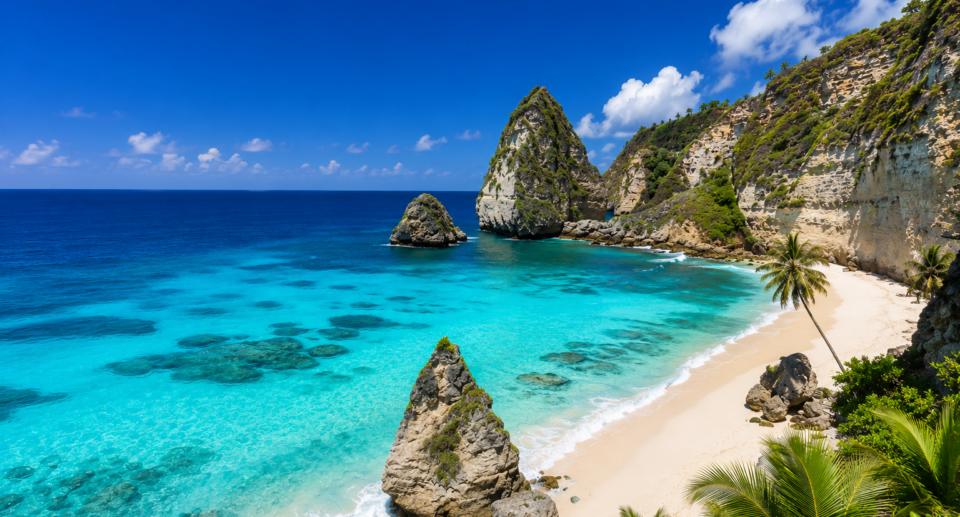 Tropical beach with turquoise crystal-clear water, white sandy shoreline, limestone cliffs, and palm trees under a bright blue sky.