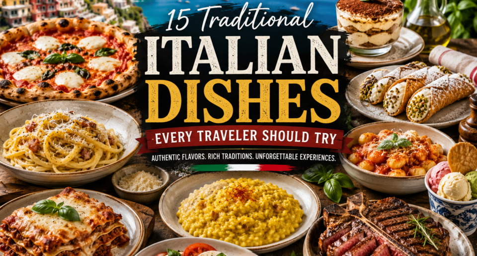 A collage of traditional Italian dishes including Neapolitan pizza, carbonara, lasagna, risotto alla Milanese, gnocchi, Bistecca alla Fiorentina, cannoli, tiramisu, and gelato with the Amalfi Coast in the background.