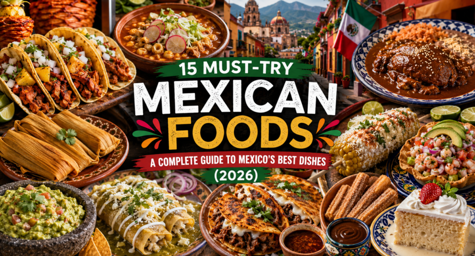 A colorful collage of authentic Mexican dishes including tacos al pastor, tamales, mole poblano, quesabirria, elote, churros, and tres leches cake with a vibrant Mexican streetscape in the background.