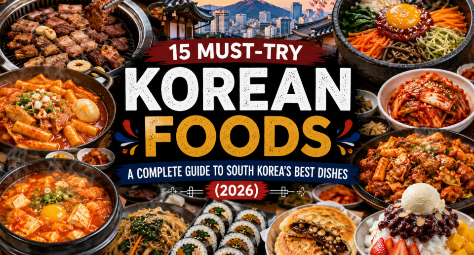 A vibrant collage of authentic Korean dishes including Korean BBQ, Bibimbap, Kimchi, Bulgogi, Tteokbokki, Japchae, Gimbap, Hotteok, Dakgalbi, Bingsu, and Sundubu Jjigae with Seoul's skyline and traditional Korean architecture in the background.
