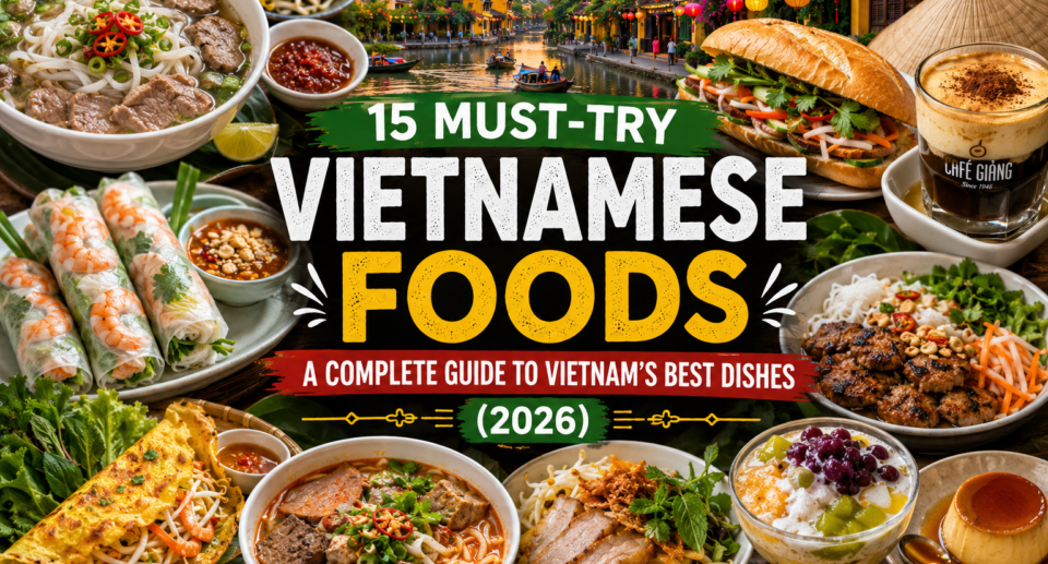 A vibrant collage of authentic Vietnamese dishes including Pho, Bánh Mì, Bún Chả, Gỏi Cuốn, Bún Bò Huế, Cao Lầu, Bánh Xèo, Egg Coffee, Chè, and Bánh Flan with the lantern-lined streets of Hoi An and Hanoi in the background.