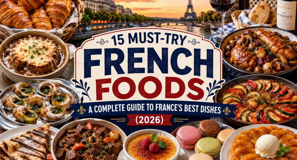 A premium collage featuring authentic French foods including Croissant, Coq au Vin, Ratatouille, Beef Bourguignon, French Onion Soup, Crêpes, Escargots, Macarons, Crème Brûlée, and Tarte Tatin with the Eiffel Tower and charming Parisian streets in the background.