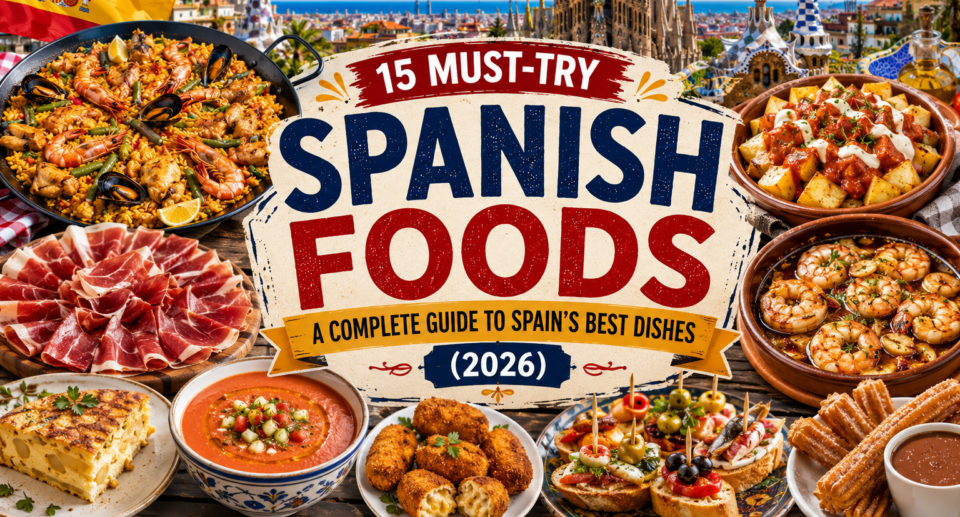 A colorful collage of authentic Spanish foods including Paella, Jamón Ibérico, Tortilla Española, Patatas Bravas, Gazpacho, Gambas al Ajillo, Pulpo a la Gallega, Pintxos, Churros con Chocolate, and Crema Catalana with the colorful streets of Barcelona, Plaza Mayor in Madrid, and Valencia's skyline in the background.