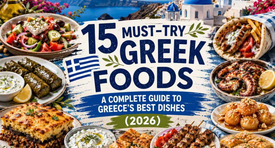 A vibrant collage of authentic Greek dishes including Moussaka, Souvlaki, Gyros, Spanakopita, Greek Salad, Dolmades, Grilled Octopus, Baklava, Loukoumades, and Galaktoboureko with Santorini's whitewashed buildings, blue domes, and the Aegean Sea in the background.