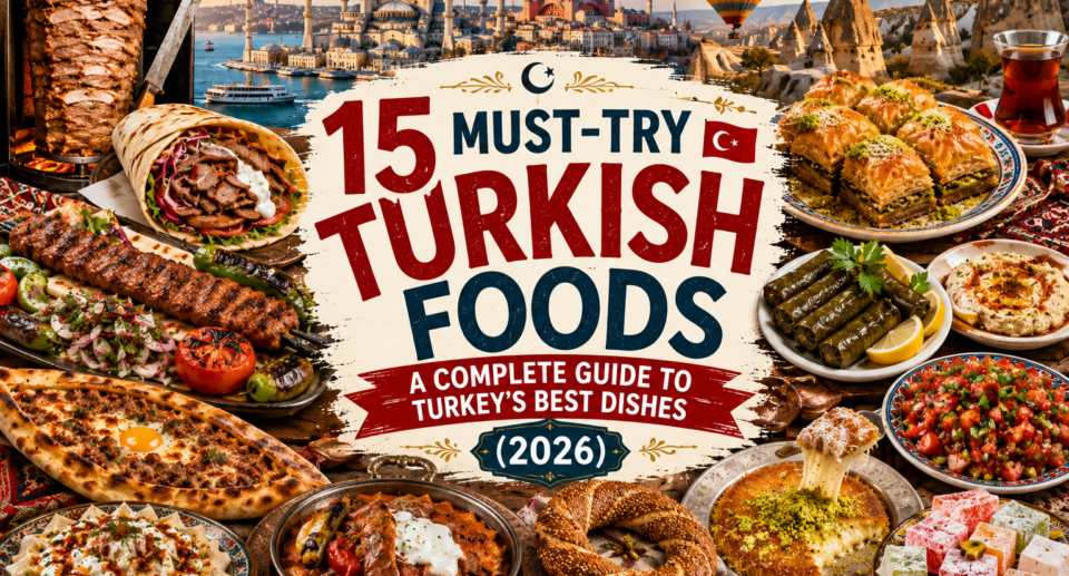 A vibrant collage of authentic Turkish dishes including Döner Kebab, İskender Kebab, Lahmacun, Adana Kebab, Köfte, Pide, Mantı, Börek, Baklava, Künefe, and Turkish Delight with Istanbul's Hagia Sophia, Blue Mosque, colorful Grand Bazaar, and Cappadocia hot air balloons in the background.