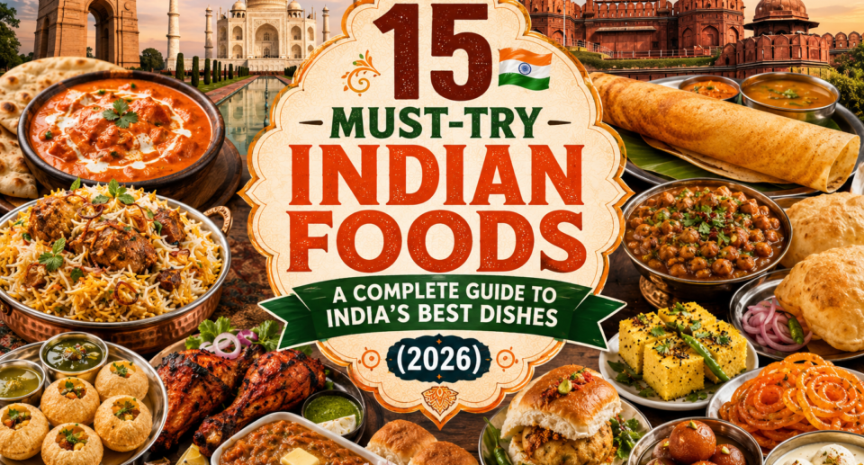A colorful collage of authentic Indian dishes including Butter Chicken, Hyderabadi Biryani, Masala Dosa, Chole Bhature, Rogan Josh, Paneer Tikka, Pav Bhaji, Vada Pav, Pani Puri, Tandoori Chicken, Dhokla, Gulab Jamun, Jalebi, and Rasmalai with the Taj Mahal, India Gate, colorful spice markets, and traditional architecture in the background.