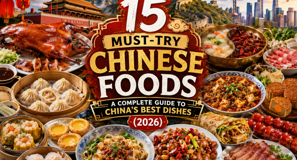 A vibrant collage of authentic Chinese dishes including Peking Duck, Xiaolongbao, Dim Sum, Mapo Tofu, Kung Pao Chicken, Hot Pot, Char Siu, Chow Mein, Biang Biang Noodles, Jianbing, Mooncakes, Tanghulu, and Egg Tarts with the Great Wall of China, the Forbidden City, Shanghai skyline, and traditional Chinese lanterns in the background.