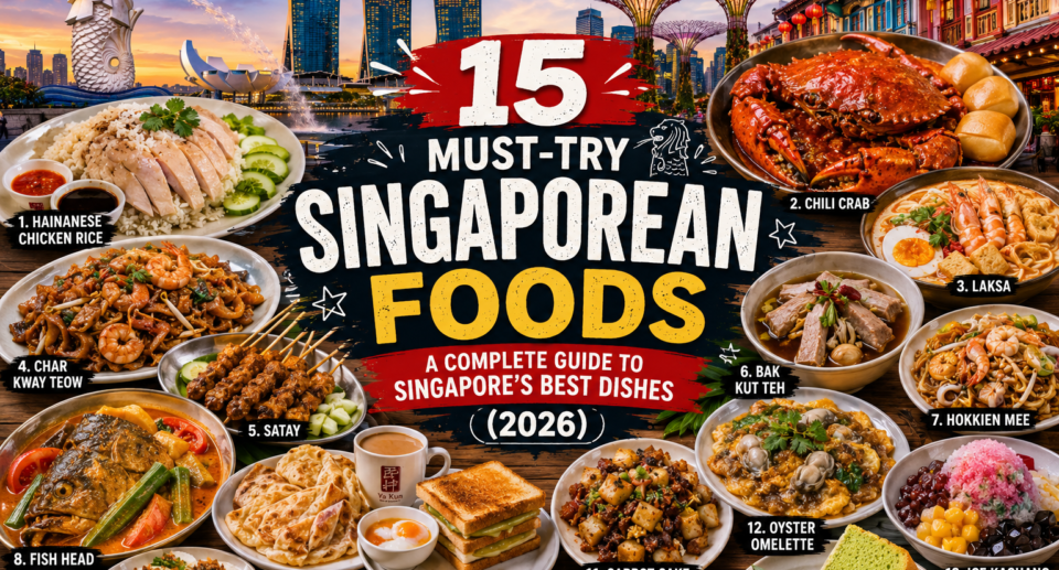 A vibrant collage of authentic Singaporean dishes including Hainanese Chicken Rice, Chili Crab, Laksa, Char Kway Teow, Satay, Bak Kut Teh, Hokkien Mee, Fish Head Curry, Roti Prata, Kaya Toast, Carrot Cake, Oyster Omelette, Ice Kachang, Chwee Kueh, and Pandan Chiffon Cake with Marina Bay Sands, Merlion Park, Gardens by the Bay, colorful shophouses, and the Singapore skyline in the background.