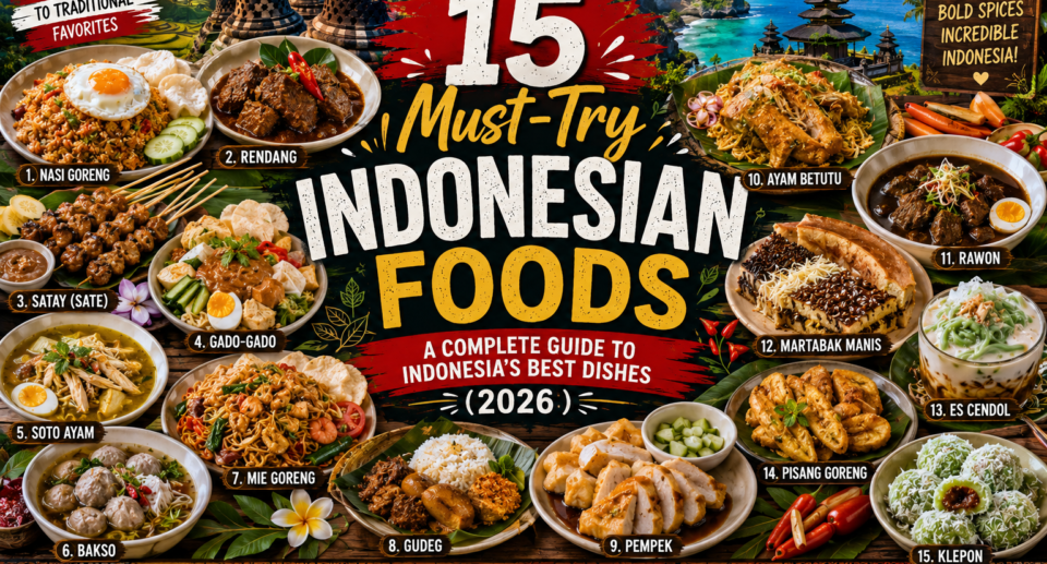 A vibrant collage of authentic Indonesian dishes including Nasi Goreng, Rendang, Satay, Gado-Gado, Soto Ayam, Bakso, Mie Goreng, Gudeg, Pempek, Ayam Betutu, Rawon, Martabak Manis, Es Cendol, Pisang Goreng, and Klepon with Bali's temples, rice terraces, Komodo Island, Borobudur Temple, and tropical beaches in the background.