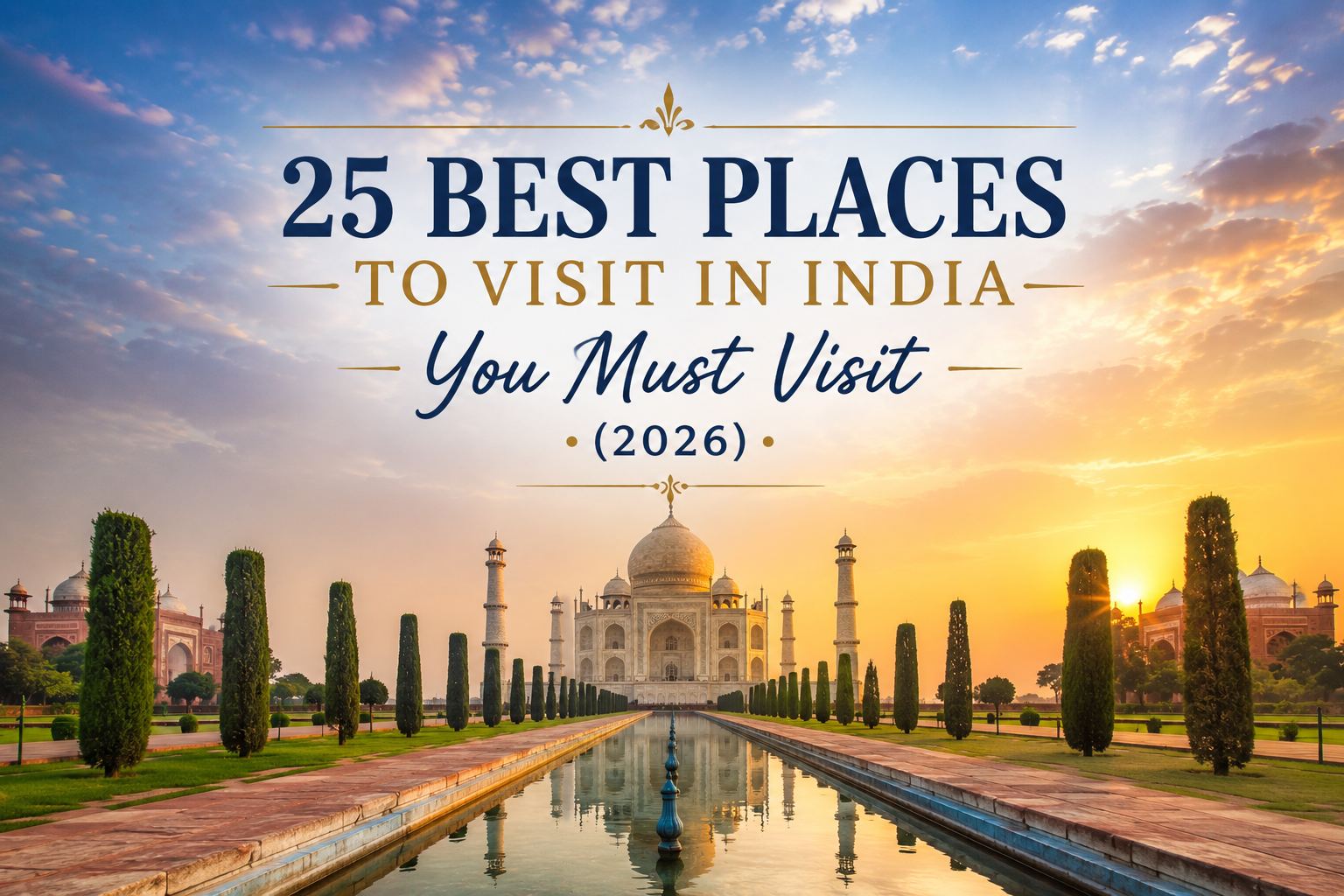 **Alt Text:** Sunrise view of the Taj Mahal with its reflecting pool, lush gardens, and symmetrical pathways, highlighting one of India's most iconic landmarks under a colorful sky.