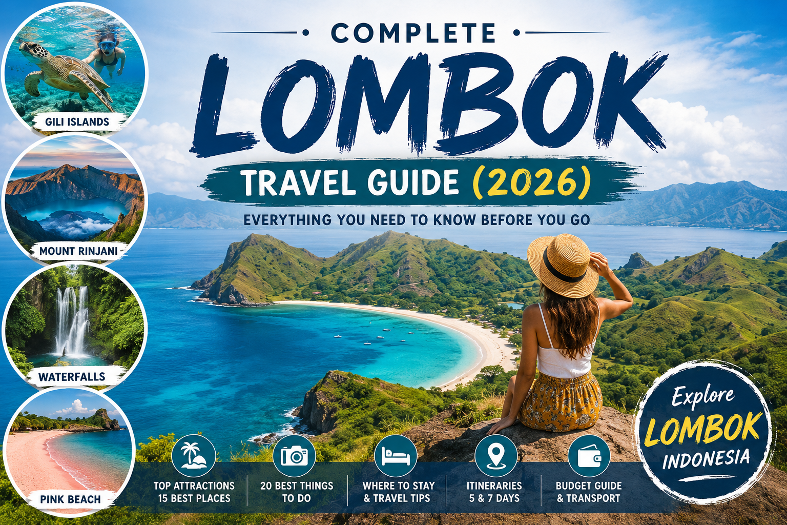 Complete Lombok Travel Guide featuring the Gili Islands, Mount Rinjani, white-sand beaches, and tropical landscapes in Lombok, Indonesia.