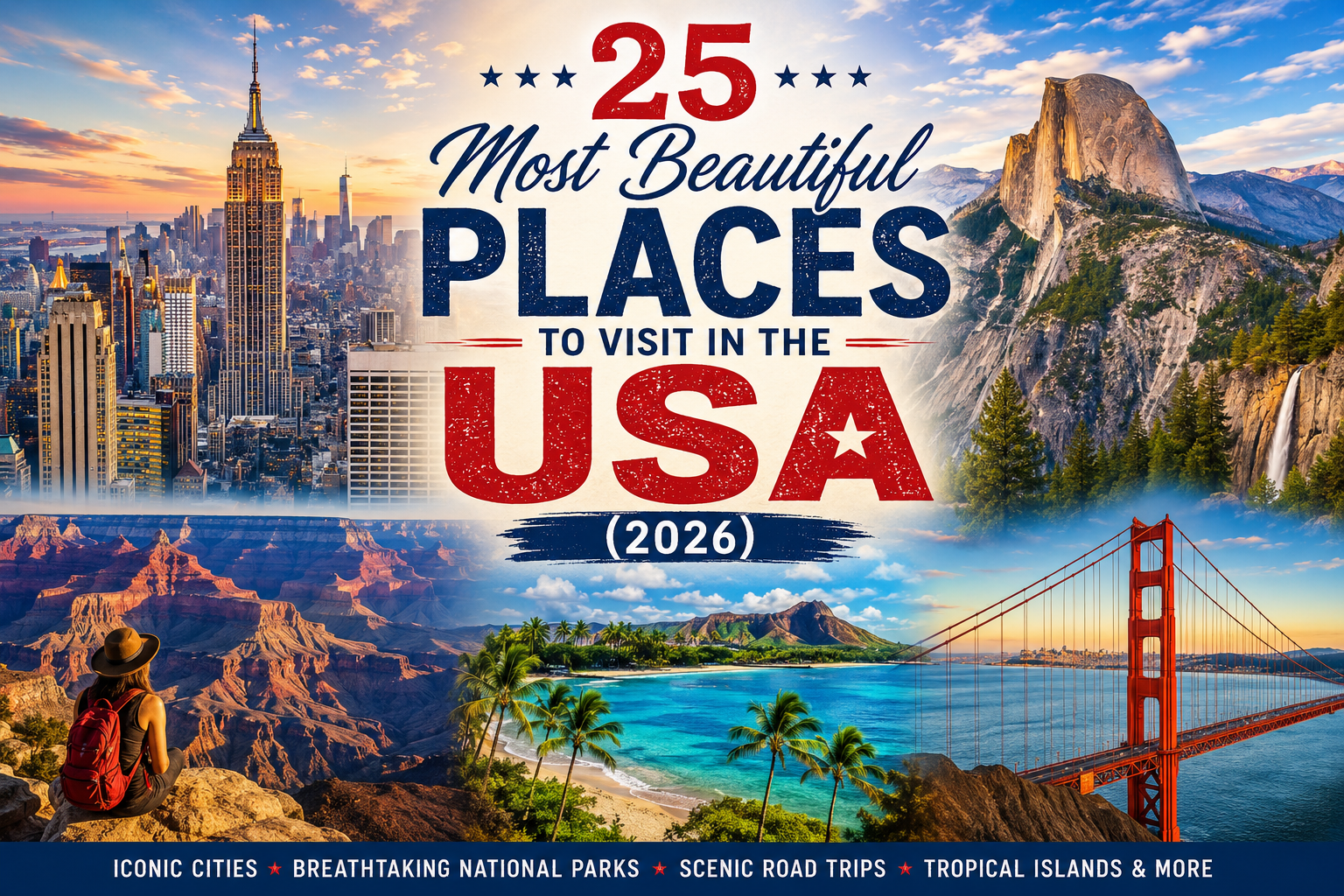 A stunning collage featuring the Grand Canyon, New York City skyline, Yosemite National Park, Maui beaches, and the Golden Gate Bridge, showcasing the diverse beauty of the United States.