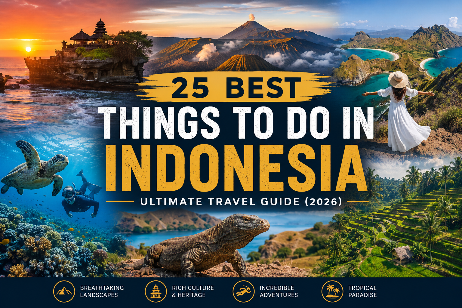 A stunning collage showcasing Indonesia's top travel experiences, including Bali's temples, Mount Bromo at sunrise, Komodo dragons, Raja Ampat diving, Nusa Penida cliffs, Borobudur Temple, Tegalalang Rice Terraces, Pink Beach, Phinisi boats, waterfalls, and vibrant tropical landscapes.