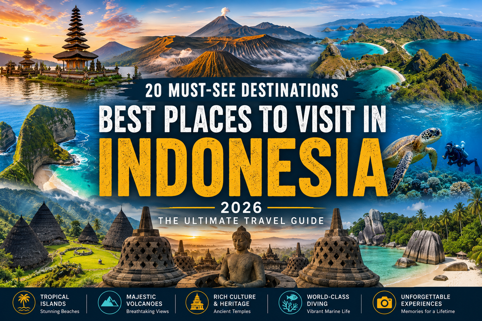 A breathtaking collage featuring Indonesia's top travel destinations, including Bali's temples, Raja Ampat's turquoise lagoons, Komodo National Park, Mount Bromo, Borobudur Temple, Lake Toba, Nusa Penida's cliffs, the Gili Islands, Wae Rebo Village, and Belitung's granite beaches.