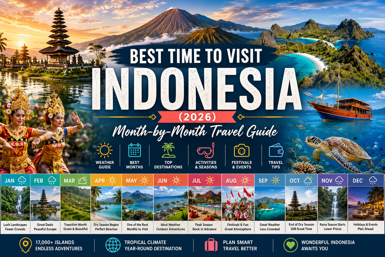 A colorful travel collage showcasing Indonesia across different seasons, featuring Bali's beaches, Mount Bromo at sunrise, Komodo National Park, Raja Ampat's turquoise waters, lush rice terraces, traditional temples, tropical rainforests, and vibrant cultural festivals.