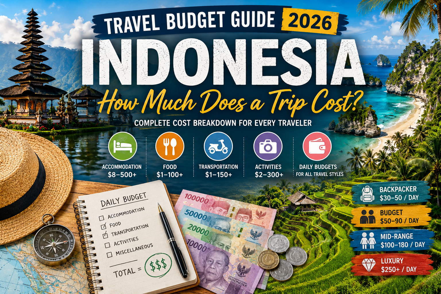 A traveler planning a trip to Indonesia with Indonesian Rupiah, travel essentials, tropical beaches, Bali temples, luxury resorts, local food, transportation icons, and a budgeting notebook, representing travel costs across Indonesia.