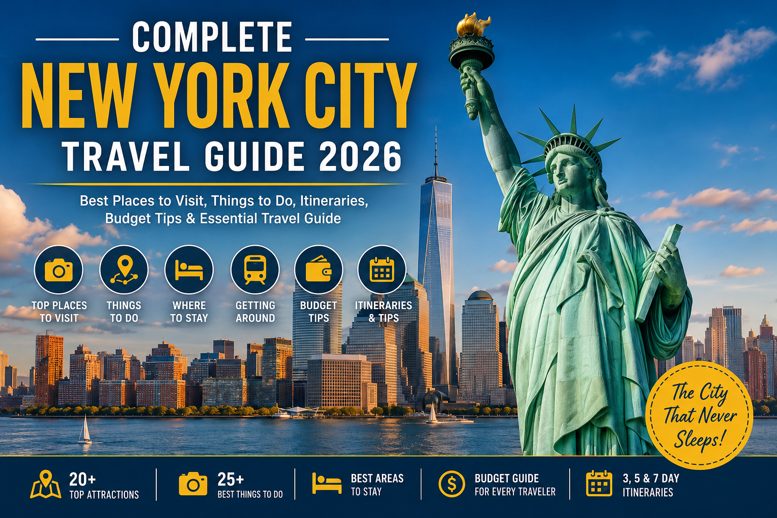 New York City Travel Guide 2026 cover with Statue of Liberty and Manhattan skyline.