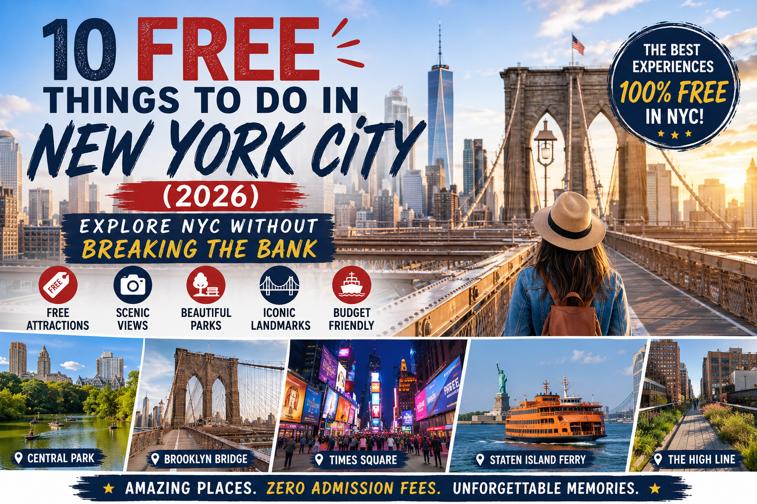 10 Free Things to Do in New York City (2026) featuring the Brooklyn Bridge, Central Park, Times Square, Staten Island Ferry, High Line, and budget-friendly attractions for travelers.