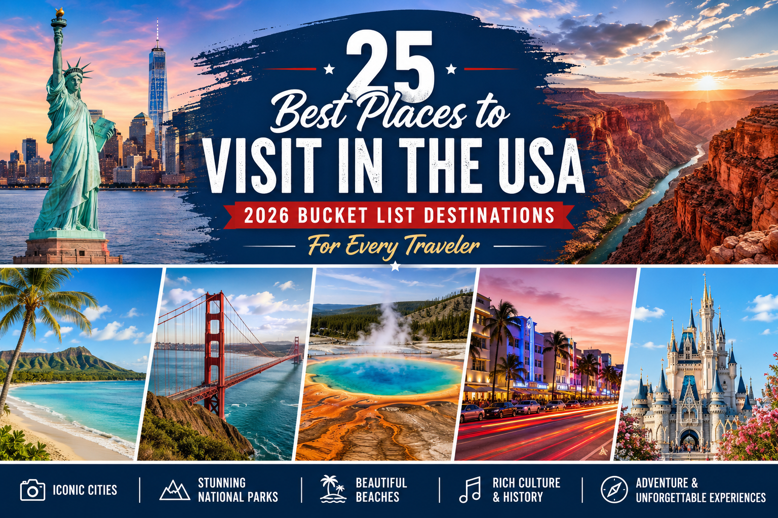 25 Best Places to Visit in the USA (2026) cover featuring the Statue of Liberty, Grand Canyon, Golden Gate Bridge, Yellowstone National Park, Miami Beach, Hawaii, and Orlando's Cinderella Castle.