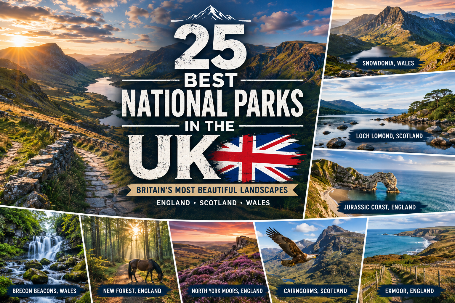 Best National Parks in the UK featuring the Lake District, Eryri (Snowdonia), Cairngorms, Loch Lomond, Jurassic Coast, and the Isle of Skye, showcasing mountains, lakes, forests, and dramatic coastlines.