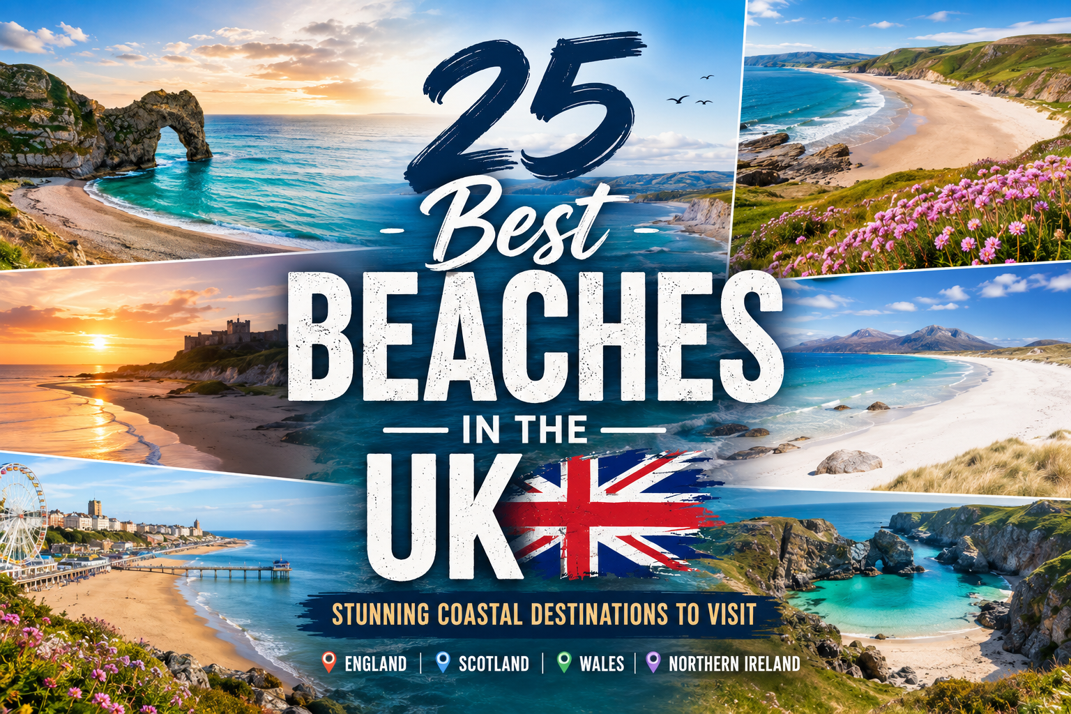 Best Beaches in the UK featuring Rhossili Bay, Kynance Cove, Luskentyre Beach, Durdle Door, Barafundle Bay, and Bournemouth Beach with golden sands, turquoise waters, dramatic cliffs, and stunning coastal scenery.