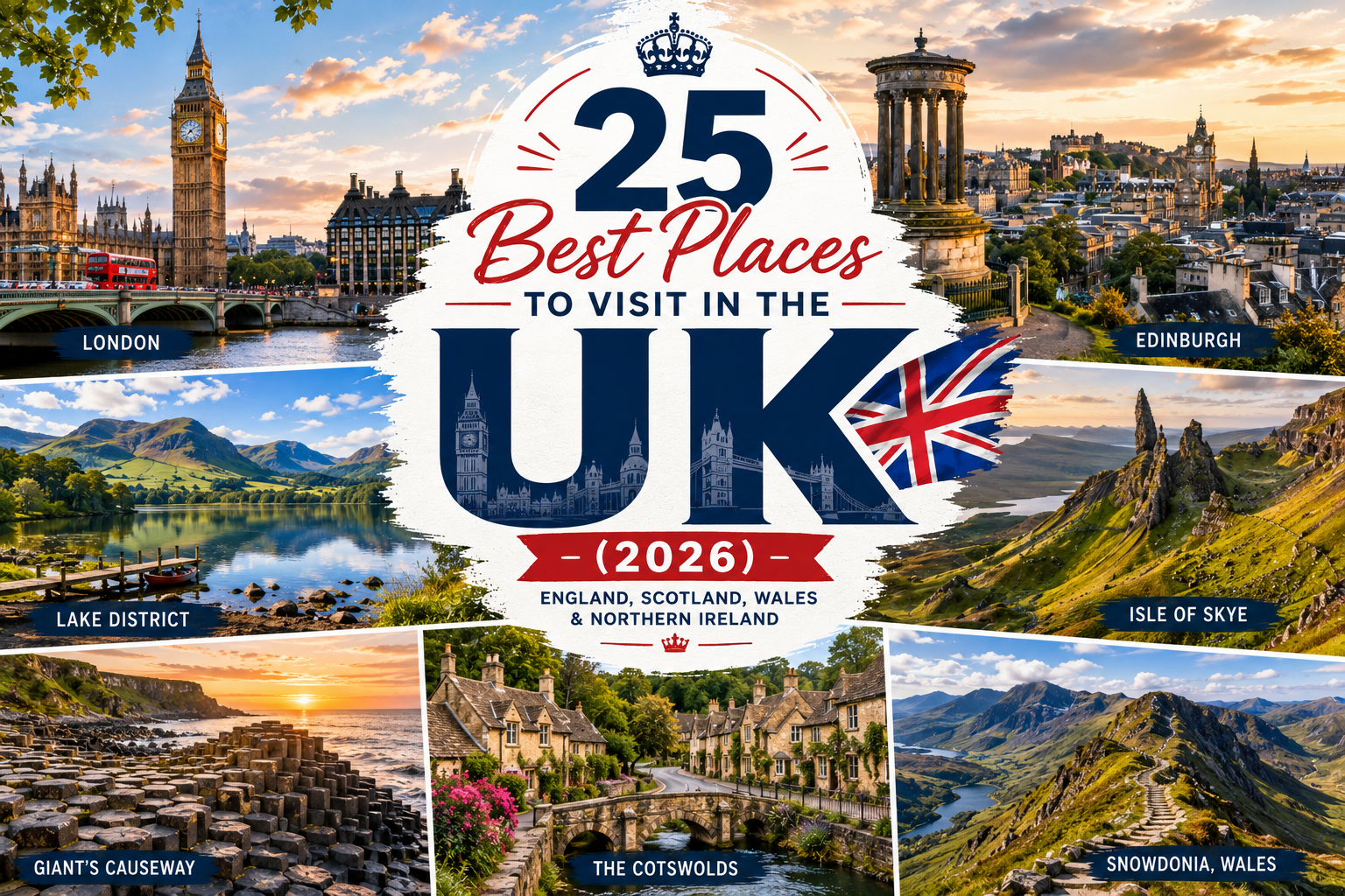 25 Best Places to Visit in the UK featuring London, Edinburgh, the Lake District, the Isle of Skye, Giant's Causeway, and the Cotswolds, showcasing iconic landmarks, castles, scenic countryside, and breathtaking coastlines.