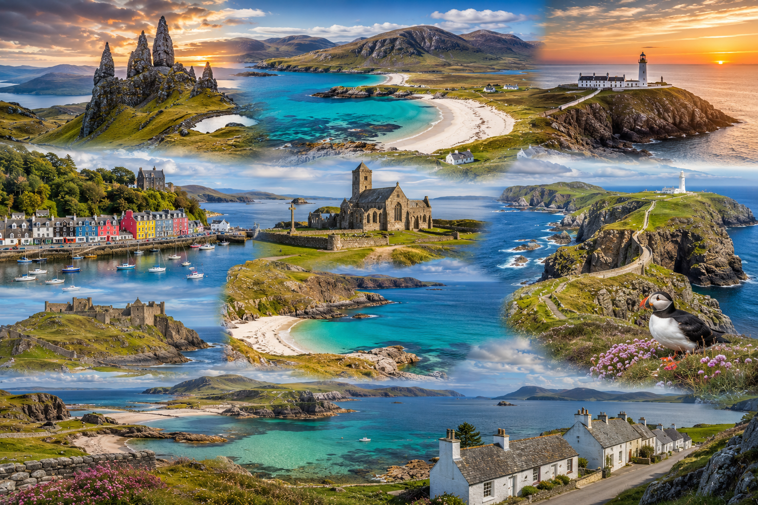 A collage of the UK's most beautiful islands featuring the Isle of Skye, Isle of Harris, Anglesey, Isle of Mull, Isles of Scilly, Skomer Island, Iona, and Rathlin Island with dramatic cliffs, turquoise beaches, rugged mountains, colorful harbours, and scenic coastlines.
