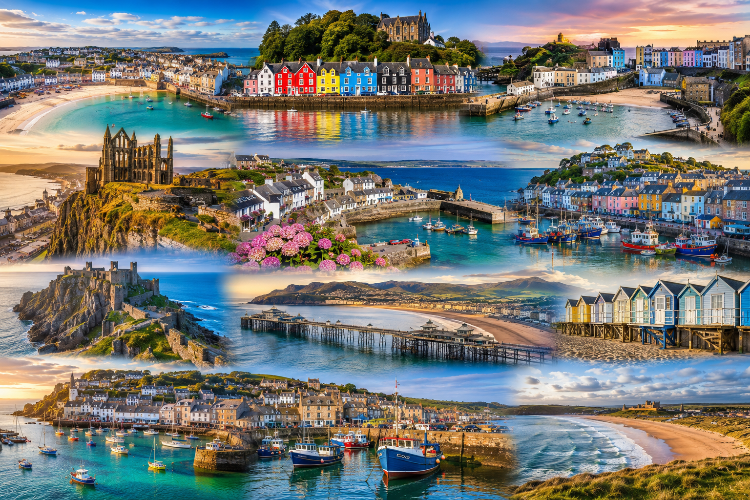 A panoramic collage of the UK's most beautiful coastal towns featuring St Ives, Tobermory, Tenby, Whitby, Portree, Mousehole, Stonehaven, and Llandudno with colourful harbours, sandy beaches, dramatic cliffs, historic piers, and picturesque seaside views.