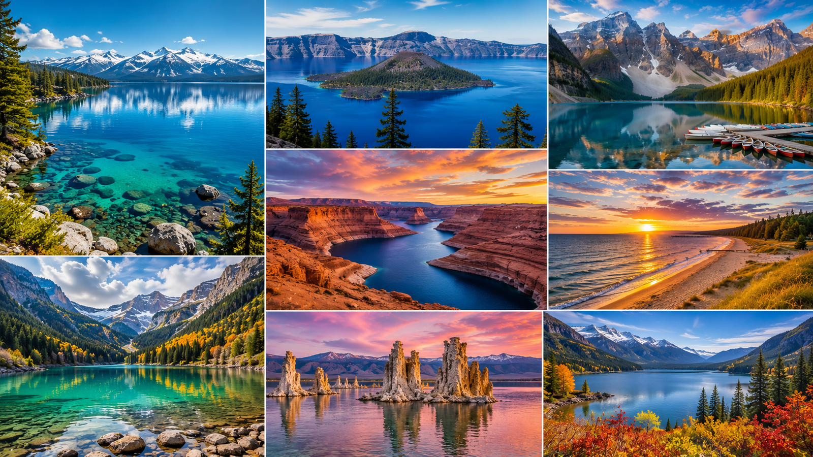 Most beautiful lakes in the USA featuring Lake Tahoe, Crater Lake, Jenny Lake, Lake Powell, Diablo Lake, and Lake Michigan surrounded by mountains, forests, crystal-clear water, and scenic landscapes.