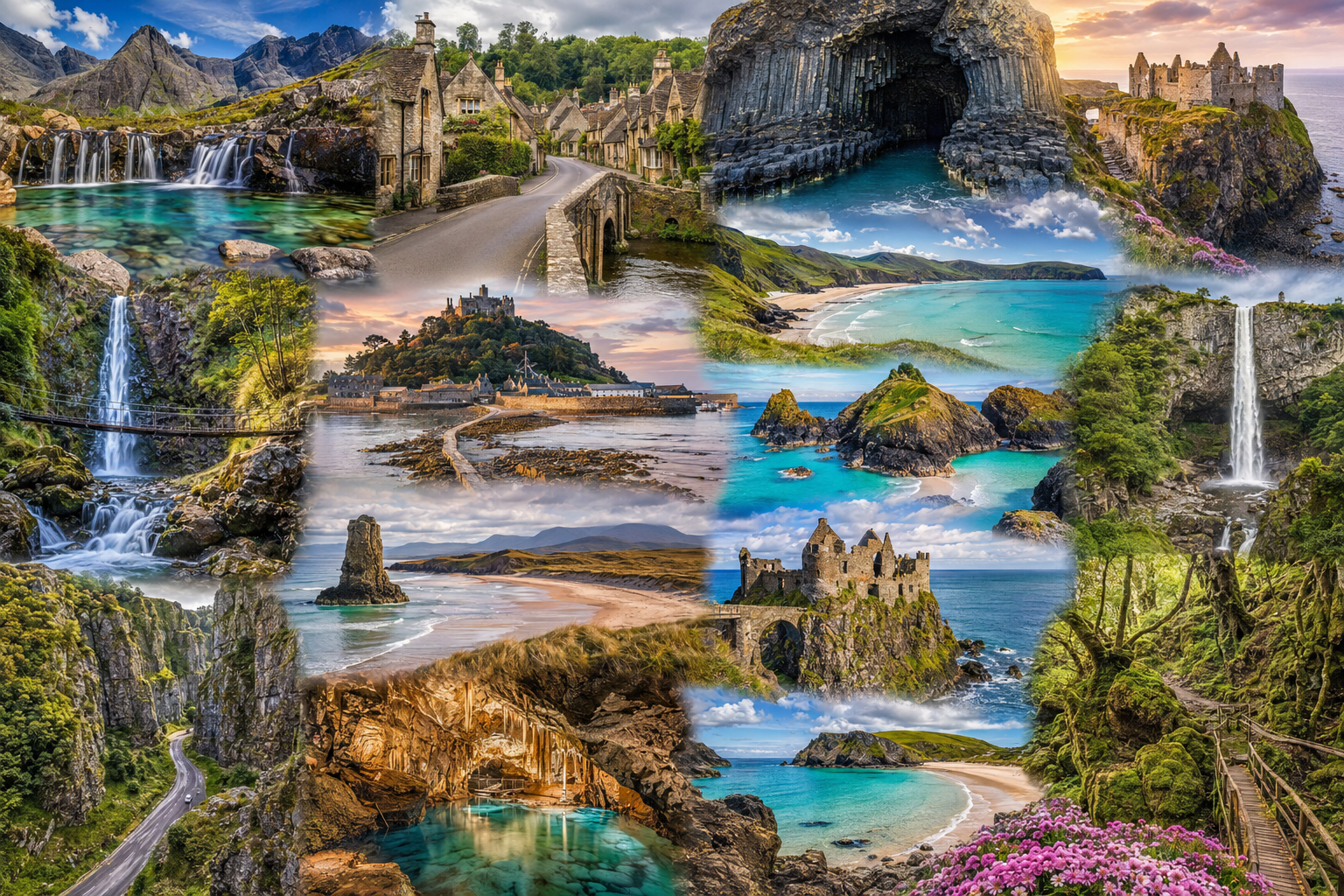 A stunning collage of the UK's hidden gems featuring the Fairy Pools on the Isle of Skye, Castle Combe village, Barafundle Bay, Fingal's Cave, Dunluce Castle, St Michael's Mount, Luskentyre Beach, and Kynance Cove with waterfalls, dramatic cliffs, ancient castles, turquoise waters, and peaceful countryside.