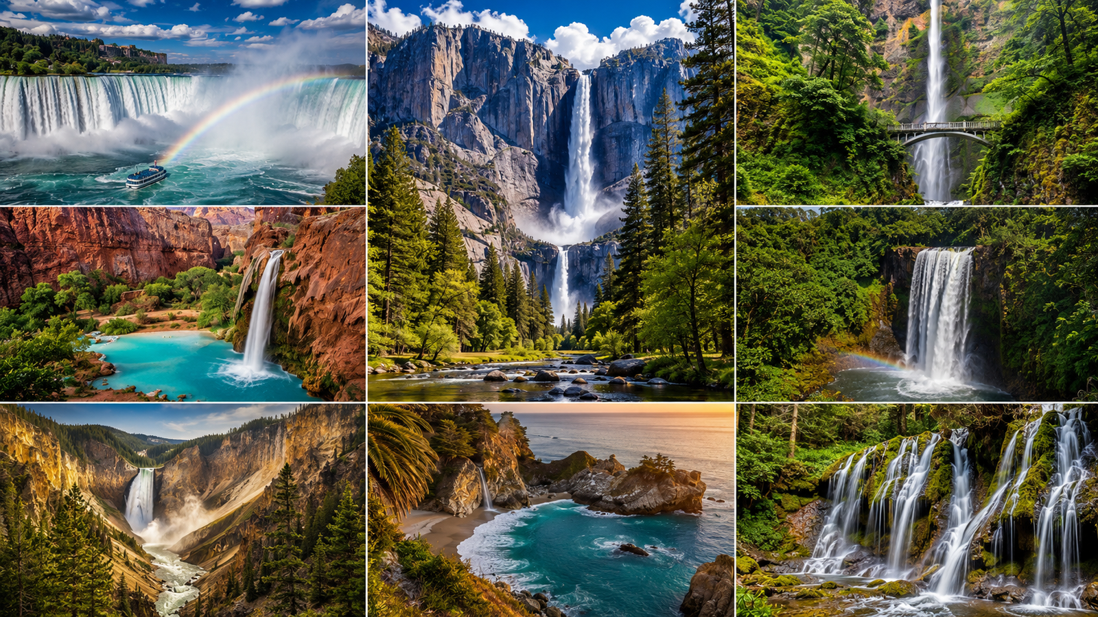 Most beautiful waterfalls in the USA featuring Niagara Falls, Yosemite Falls, Multnomah Falls, Havasu Falls, Akaka Falls, and Wailua Falls surrounded by mountains, forests, canyons, and lush landscapes.