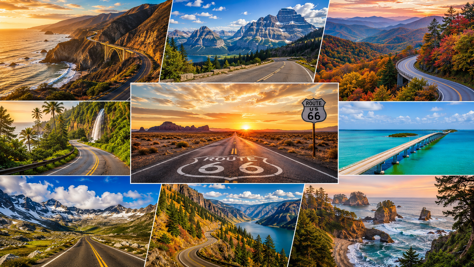 Scenic road trips across the USA featuring the Pacific Coast Highway, Route 66, Blue Ridge Parkway, Going-to-the-Sun Road, Hana Highway, and the Overseas Highway with mountains, coastlines, forests, and iconic highways.